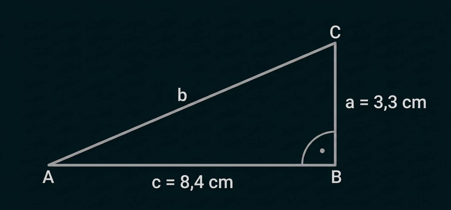 Rechtwinkliges Dreieck ABC mit den Seitenlängen a = 3,3 cm und c = 8,4 cm.